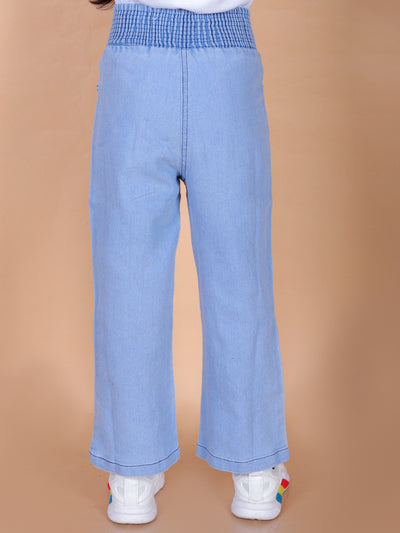 superminis Girls Straight Fit Stretchable Denim Jeans with Multicolor Front Buttons and Elastic Waistband, Sky Blue