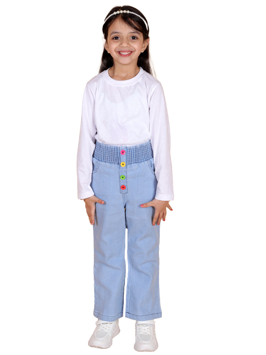 superminis Girls Straight Fit Stretchable Denim Jeans with Multicolor Front Buttons and Elastic Waistband, Sky Blue