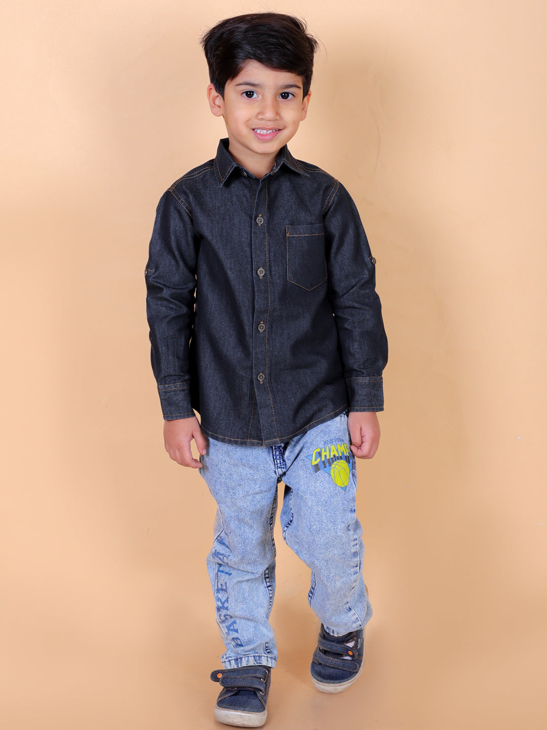 Boys Full Sleeves Denim Shirt with Collared Neck, Dark Grey