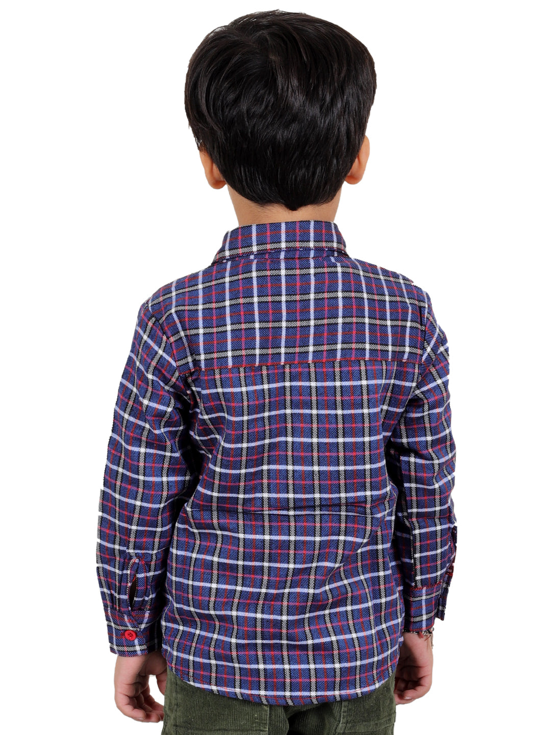 Boy's Cotton Fleece Full Sleeves Check Shirt with Collared Neck Winter Wear, Navy Blue