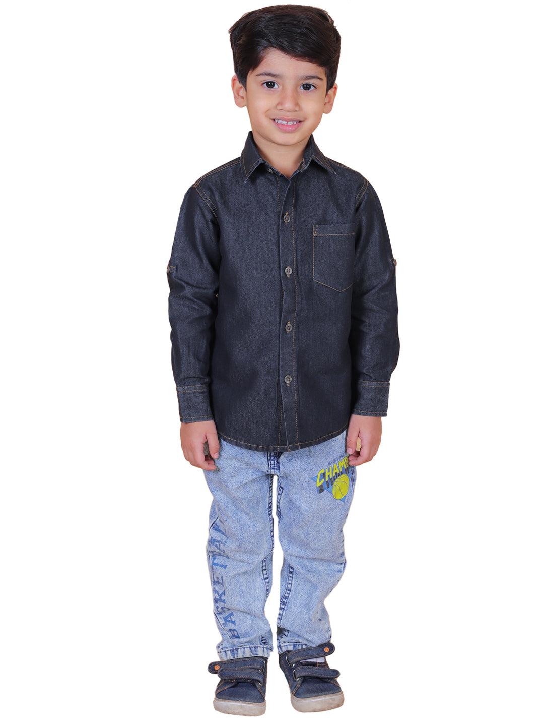 Boys Full Sleeves Denim Shirt with Collared Neck, Dark Grey