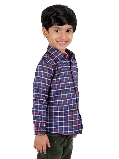 Boy's Cotton Fleece Full Sleeves Check Shirt with Collared Neck Winter Wear, Navy Blue