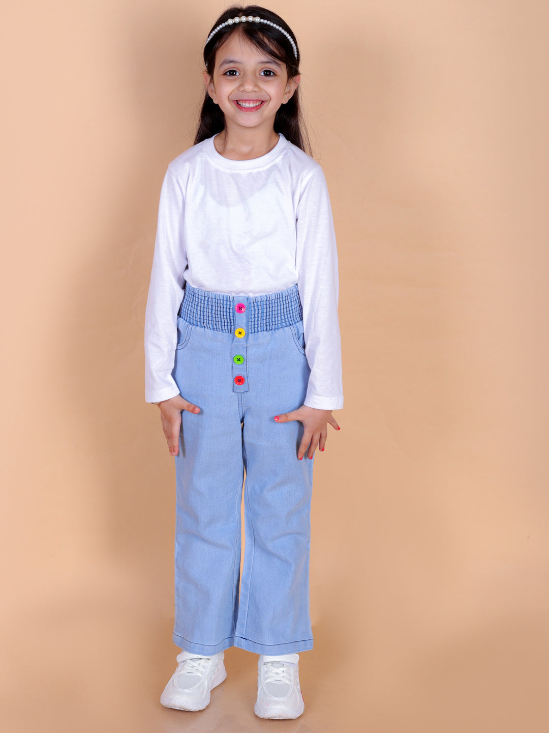 superminis Girls Straight Fit Stretchable Denim Jeans with Multicolor Front Buttons and Elastic Waistband, Sky Blue