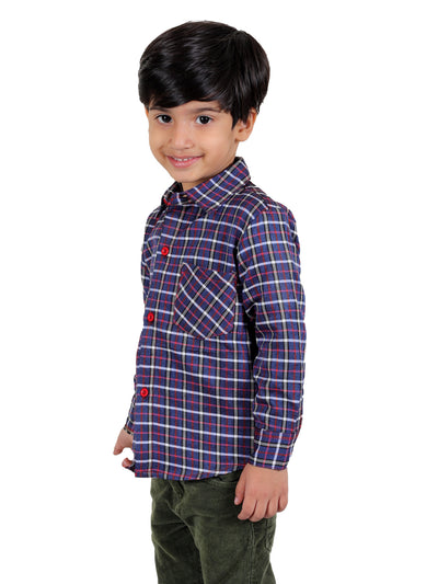 Boy's Cotton Fleece Full Sleeves Check Shirt with Collared Neck Winter Wear, Navy Blue