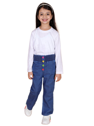 superminis Girls Straight Fit Stretchable Denim Jeans with Multicolor Front Buttons and Elastic Waistband, Blue