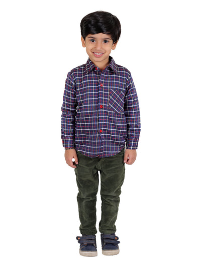 Boy's Cotton Fleece Full Sleeves Check Shirt with Collared Neck Winter Wear, Navy Blue