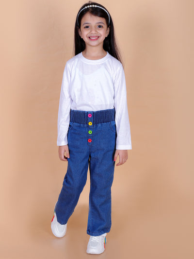 superminis Girls Straight Fit Stretchable Denim Jeans with Multicolor Front Buttons and Elastic Waistband, Blue