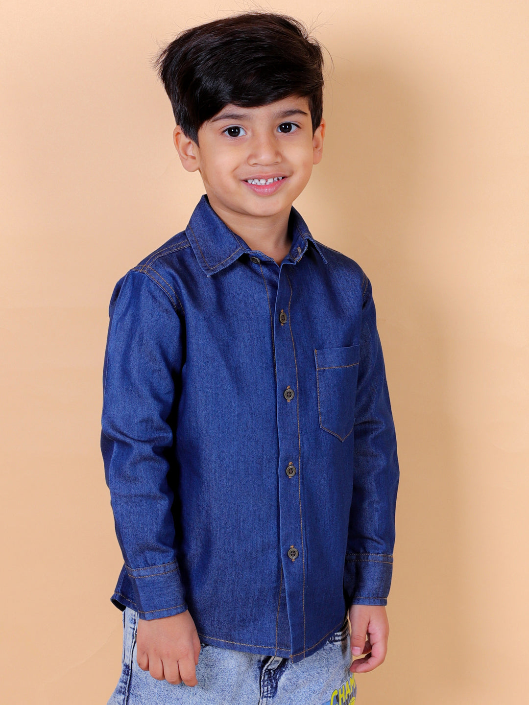 Boys Full Sleeves Denim Shirt with Collared Neck, Navy Blue