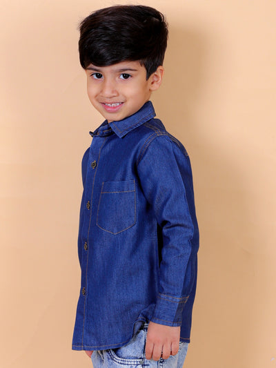 Boys Full Sleeves Denim Shirt with Collared Neck, Navy Blue