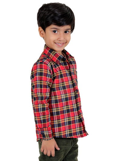 Boy's Cotton Fleece Full Sleeves Check Shirt with Collared Neck Winter Wear, Red