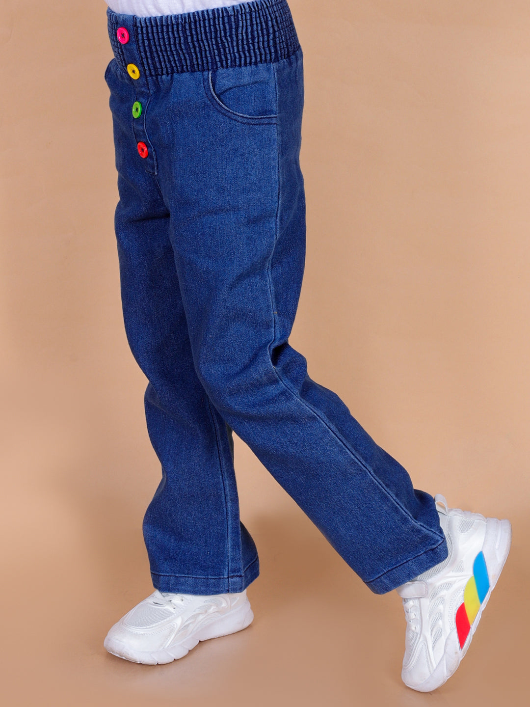 superminis Girls Straight Fit Stretchable Denim Jeans with Multicolor Front Buttons and Elastic Waistband, Blue