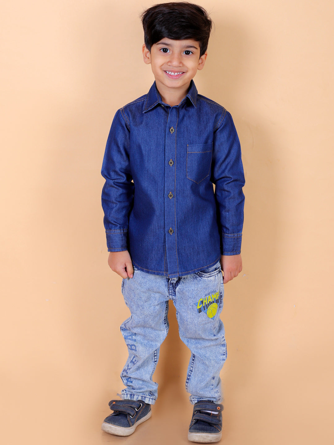 Boys Full Sleeves Denim Shirt with Collared Neck, Navy Blue