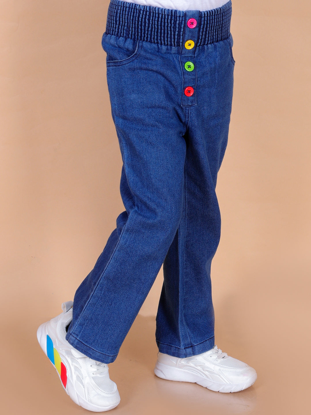 superminis Girls Straight Fit Stretchable Denim Jeans with Multicolor Front Buttons and Elastic Waistband, Blue