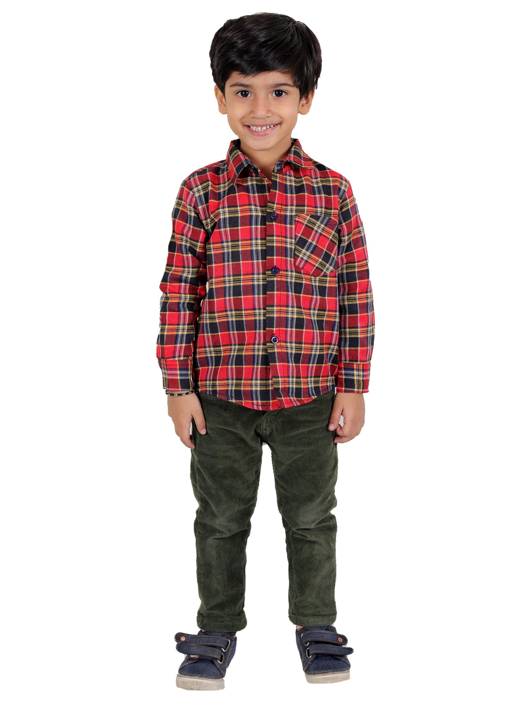 Boy's Cotton Fleece Full Sleeves Check Shirt with Collared Neck Winter Wear, Red