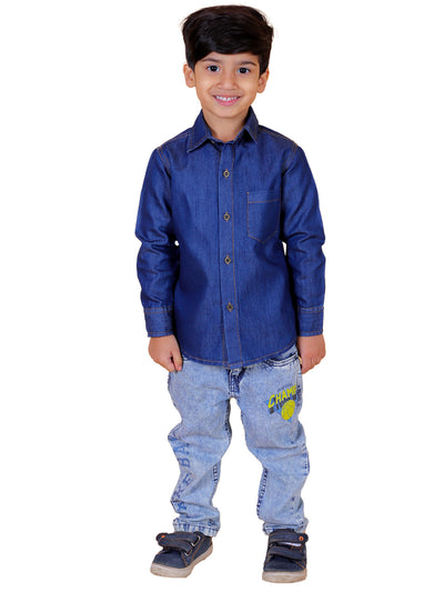 Boys Full Sleeves Denim Shirt with Collared Neck, Navy Blue