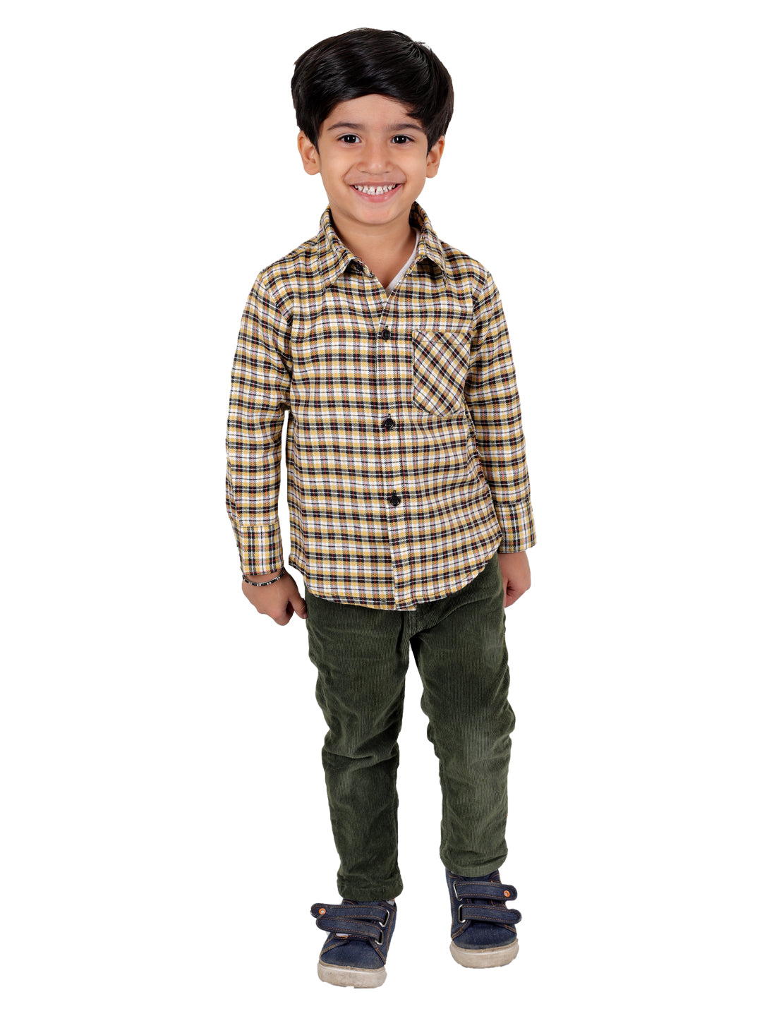 Boy's Cotton Fleece Full Sleeves Check Shirt with Collared Neck Winter Wear, Mustard