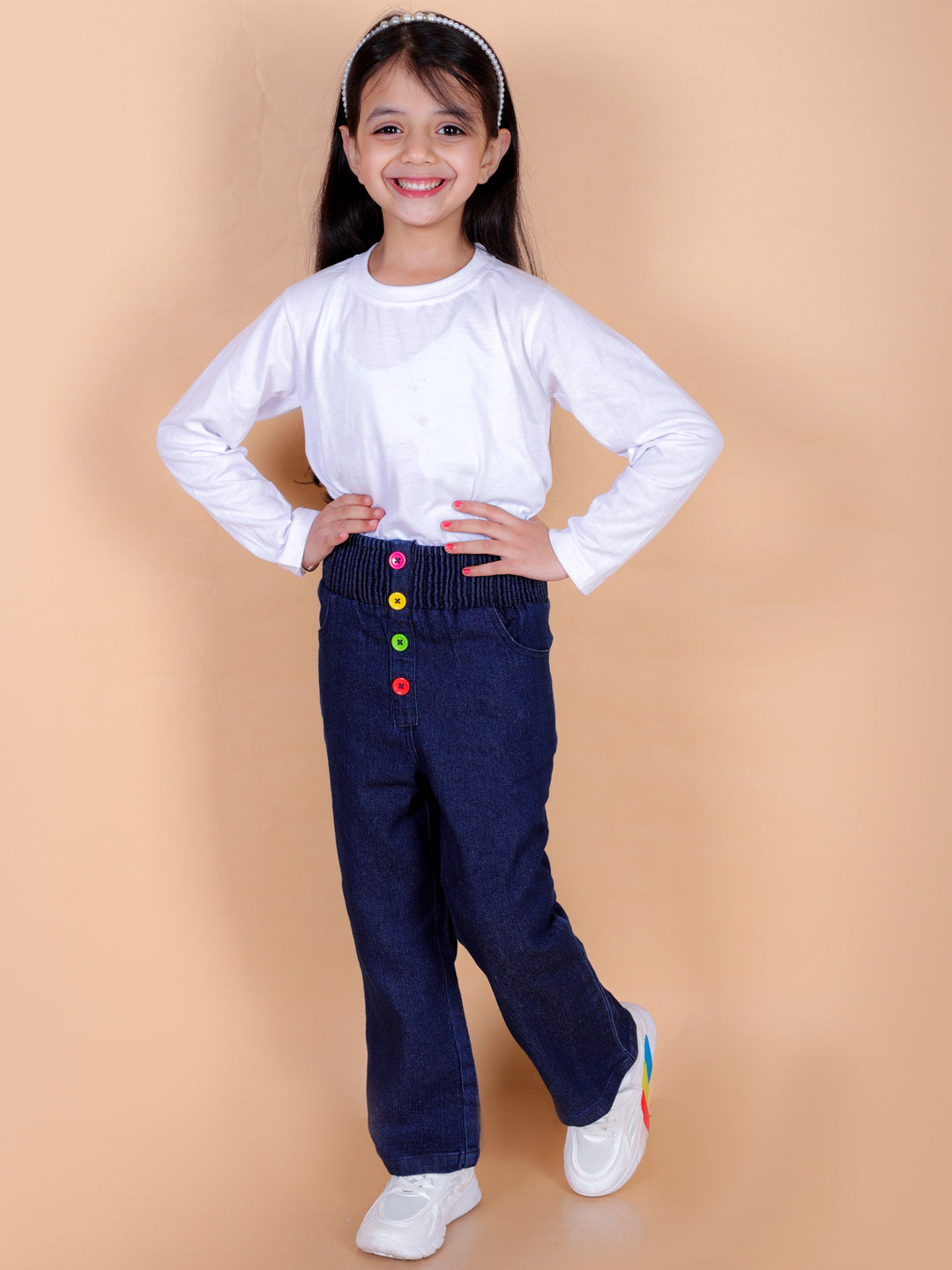 superminis Girls Straight Fit Stretchable Denim Jeans with Multicolor Front Buttons and Elastic Waistband, Navy Blue