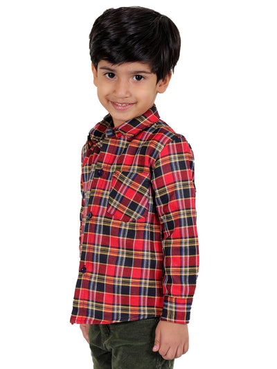 Boy's Cotton Fleece Full Sleeves Check Shirt with Collared Neck Winter Wear, Red