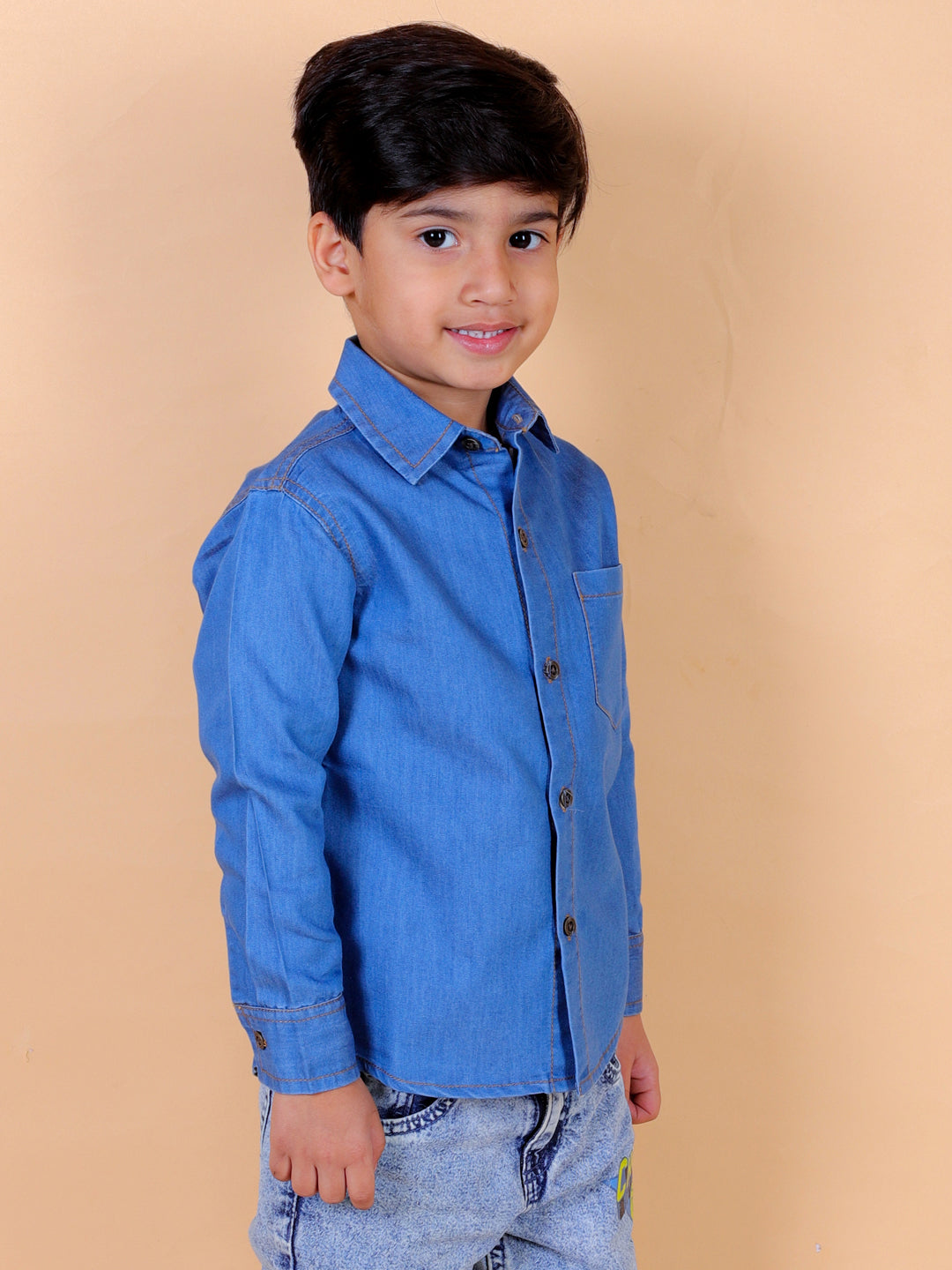 Boys Full Sleeves Denim Shirt with Collared Neck, Blue