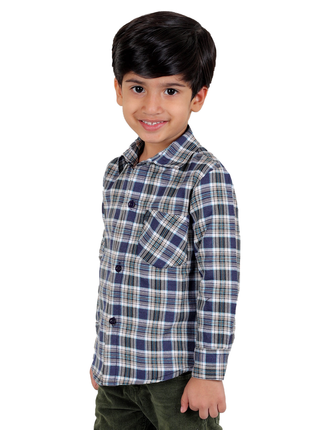 Boy's Cotton Fleece Full Sleeves Check Shirt with Collared Neck Winter Wear, Blue