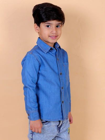 Boys Full Sleeves Denim Shirt with Collared Neck, Blue