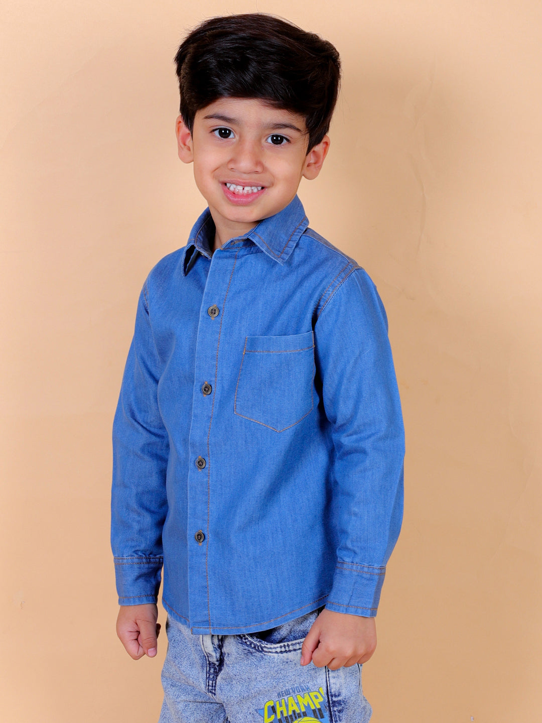 Boys Full Sleeves Denim Shirt with Collared Neck, Blue