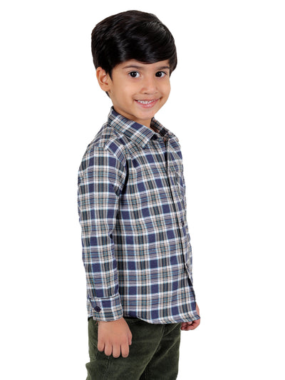 Boy's Cotton Fleece Full Sleeves Check Shirt with Collared Neck Winter Wear, Blue