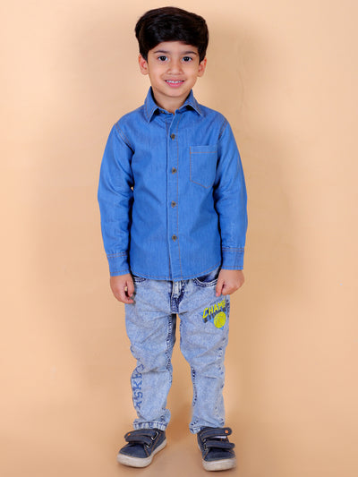 Boys Full Sleeves Denim Shirt with Collared Neck, Blue