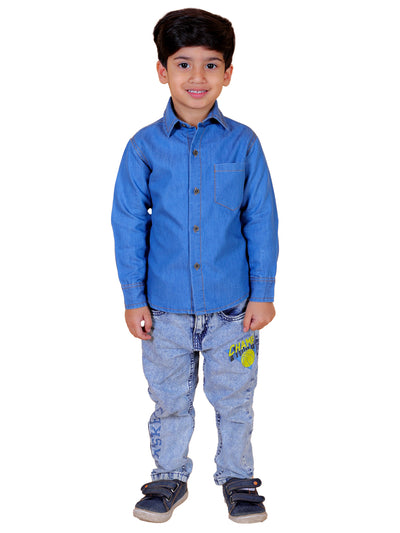 Boys Full Sleeves Denim Shirt with Collared Neck, Blue