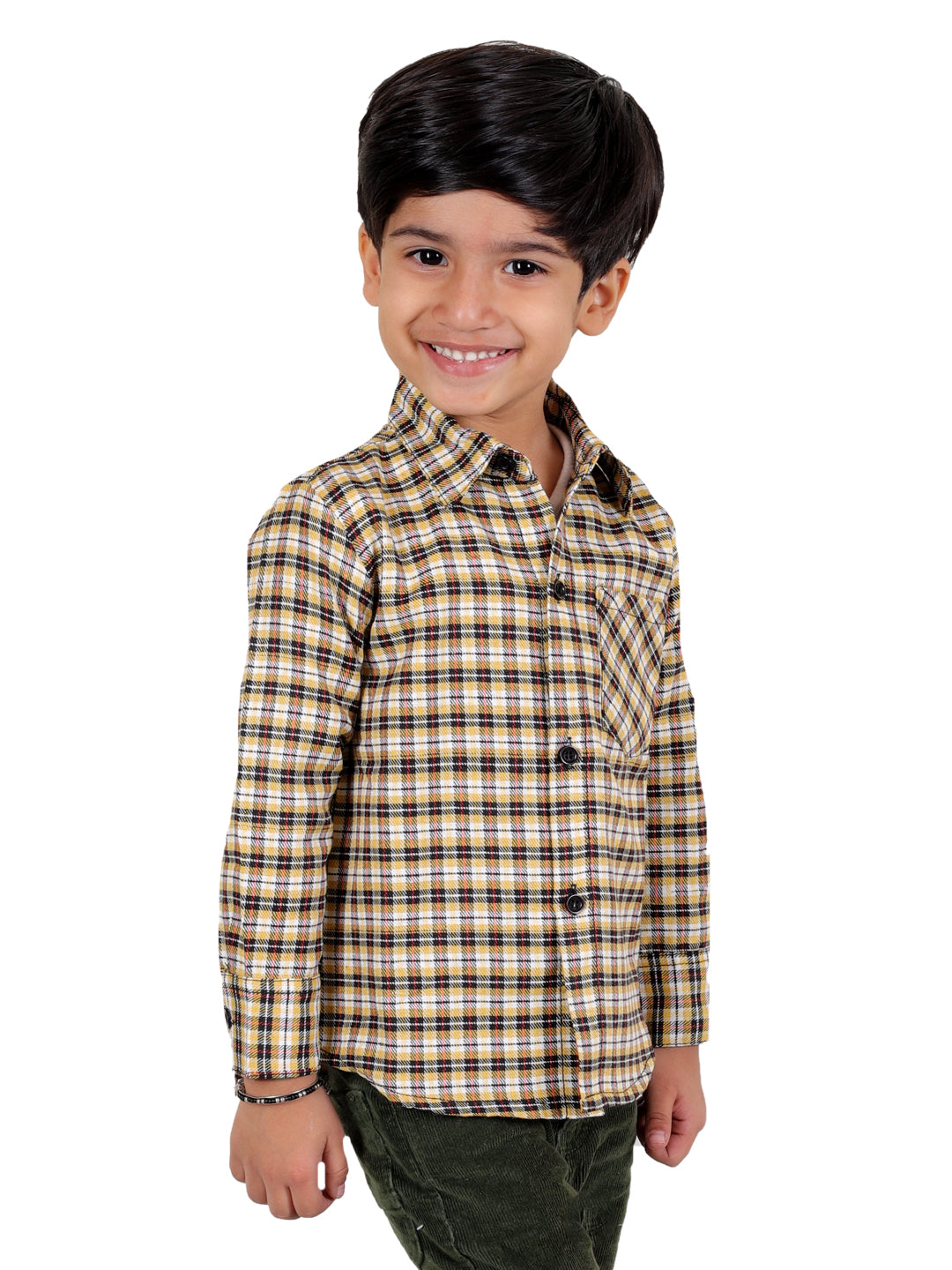 Boy's Cotton Fleece Full Sleeves Check Shirt with Collared Neck Winter Wear, Mustard