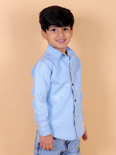 Boys Full Sleeves Denim Shirt with Collared Neck, Sky Blue