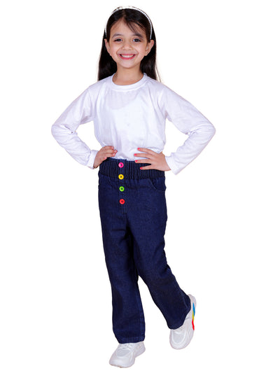 superminis Girls Straight Fit Stretchable Denim Jeans with Multicolor Front Buttons and Elastic Waistband, Navy Blue