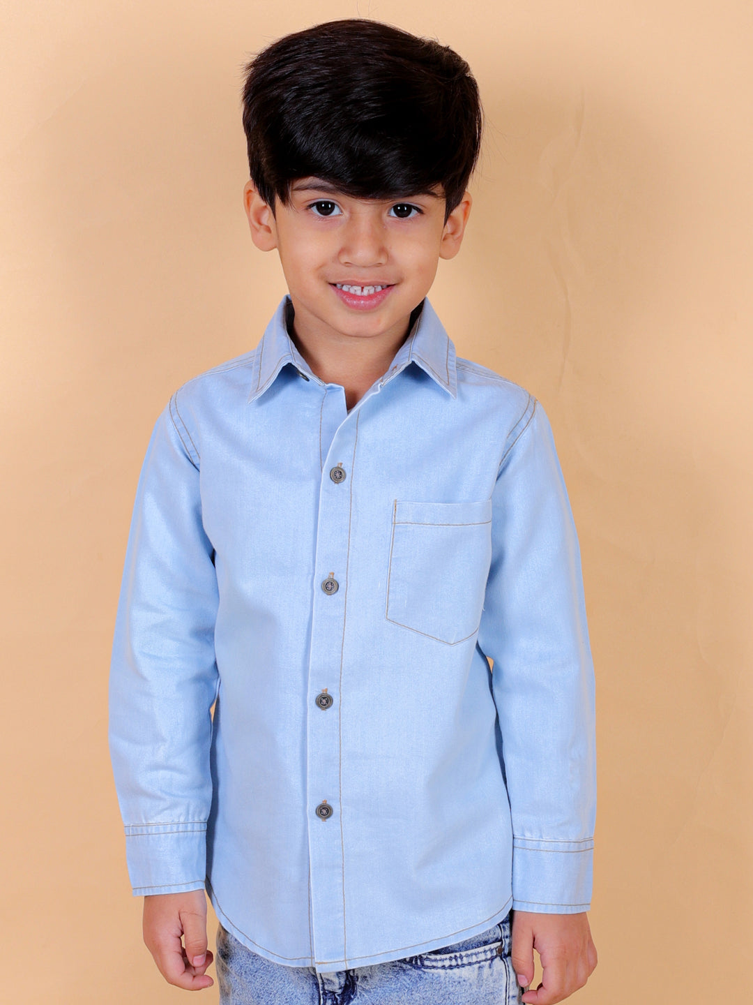 Boys Full Sleeves Denim Shirt with Collared Neck, Sky Blue