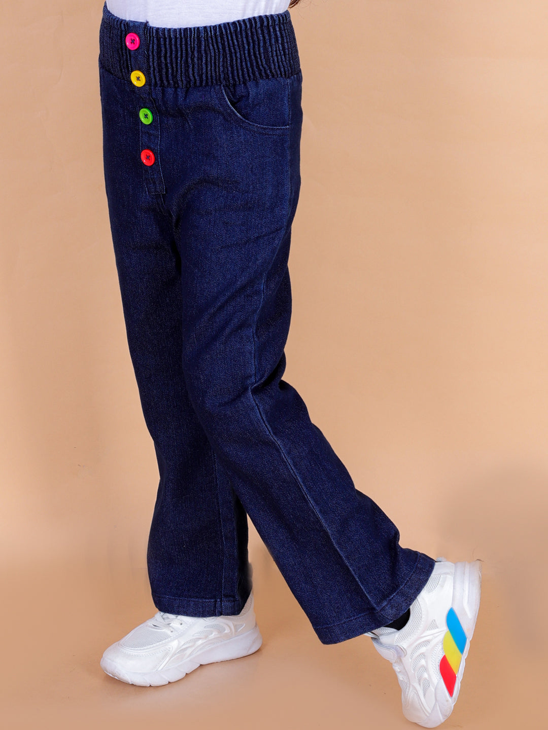 superminis Girls Straight Fit Stretchable Denim Jeans with Multicolor Front Buttons and Elastic Waistband, Navy Blue