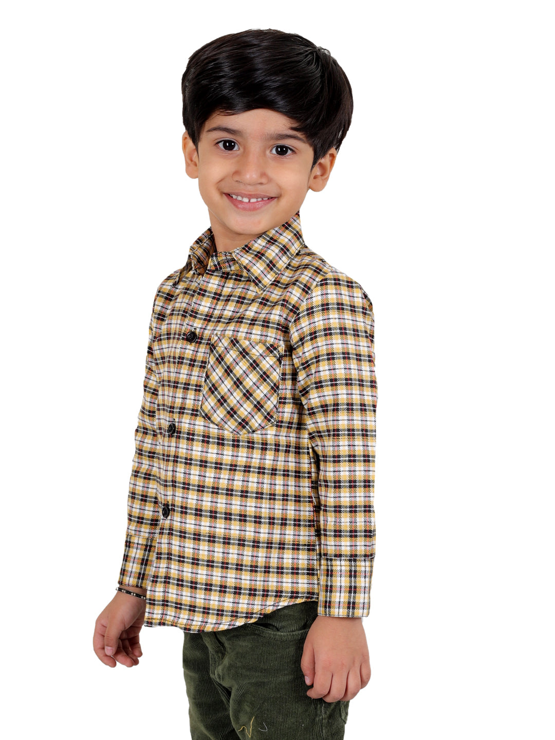 Boy's Cotton Fleece Full Sleeves Check Shirt with Collared Neck Winter Wear, Mustard