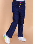 superminis Girls Straight Fit Stretchable Denim Jeans with Multicolor Front Buttons and Elastic Waistband, Navy Blue