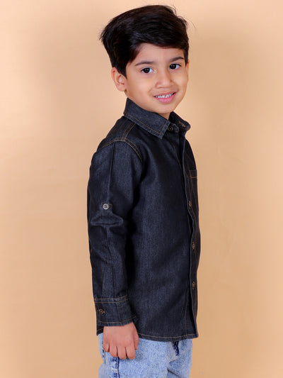 Boys Full Sleeves Denim Shirt with Collared Neck, Dark Grey