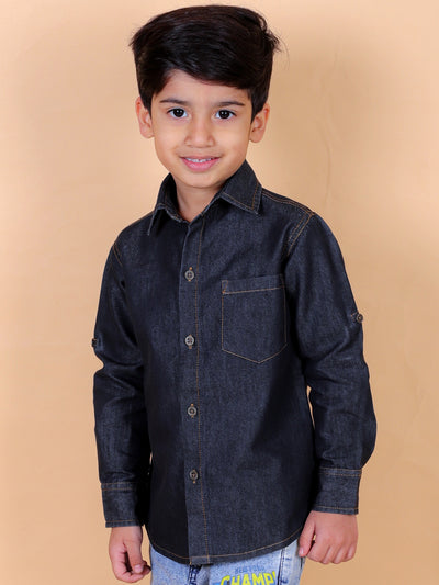 Boys Full Sleeves Denim Shirt with Collared Neck, Dark Grey