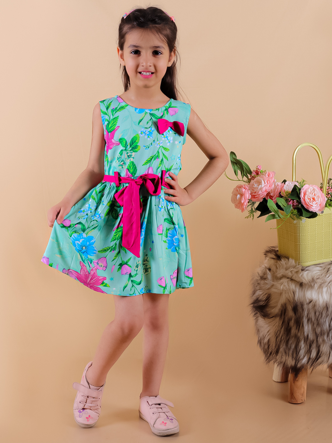 Girls Rayon Floral Printed Sleeveless Frock Dress with Stylish Waistbelt and Elegant Bow, Green