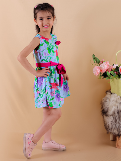 Girls Rayon Floral Printed Sleeveless Frock Dress with Stylish Waistbelt and Elegant Bow, Blue