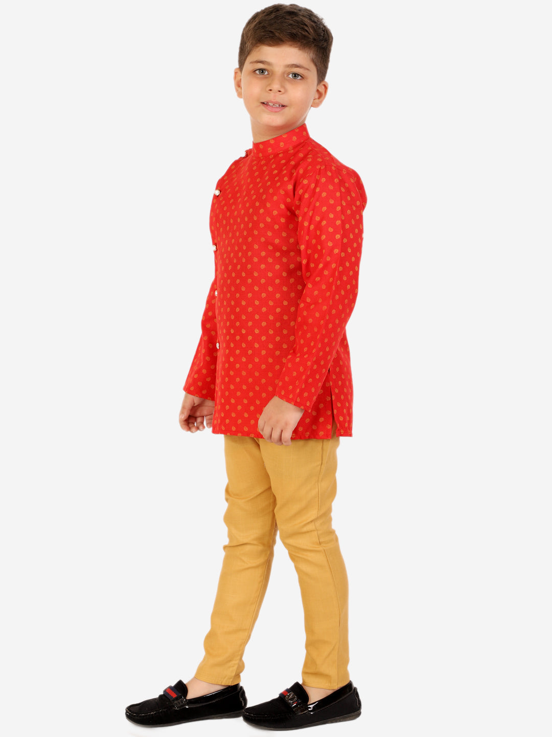 Boys Cotton Printed Kurta Pyjama Set (Red)