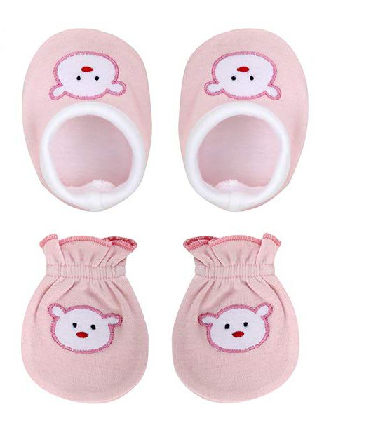 Teddy Cotton Mittens and Booties (Pink, Set of 1)