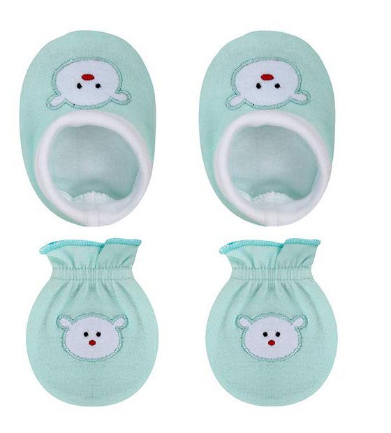 Teddy Cotton Mittens and Booties (Green, Set of 1)