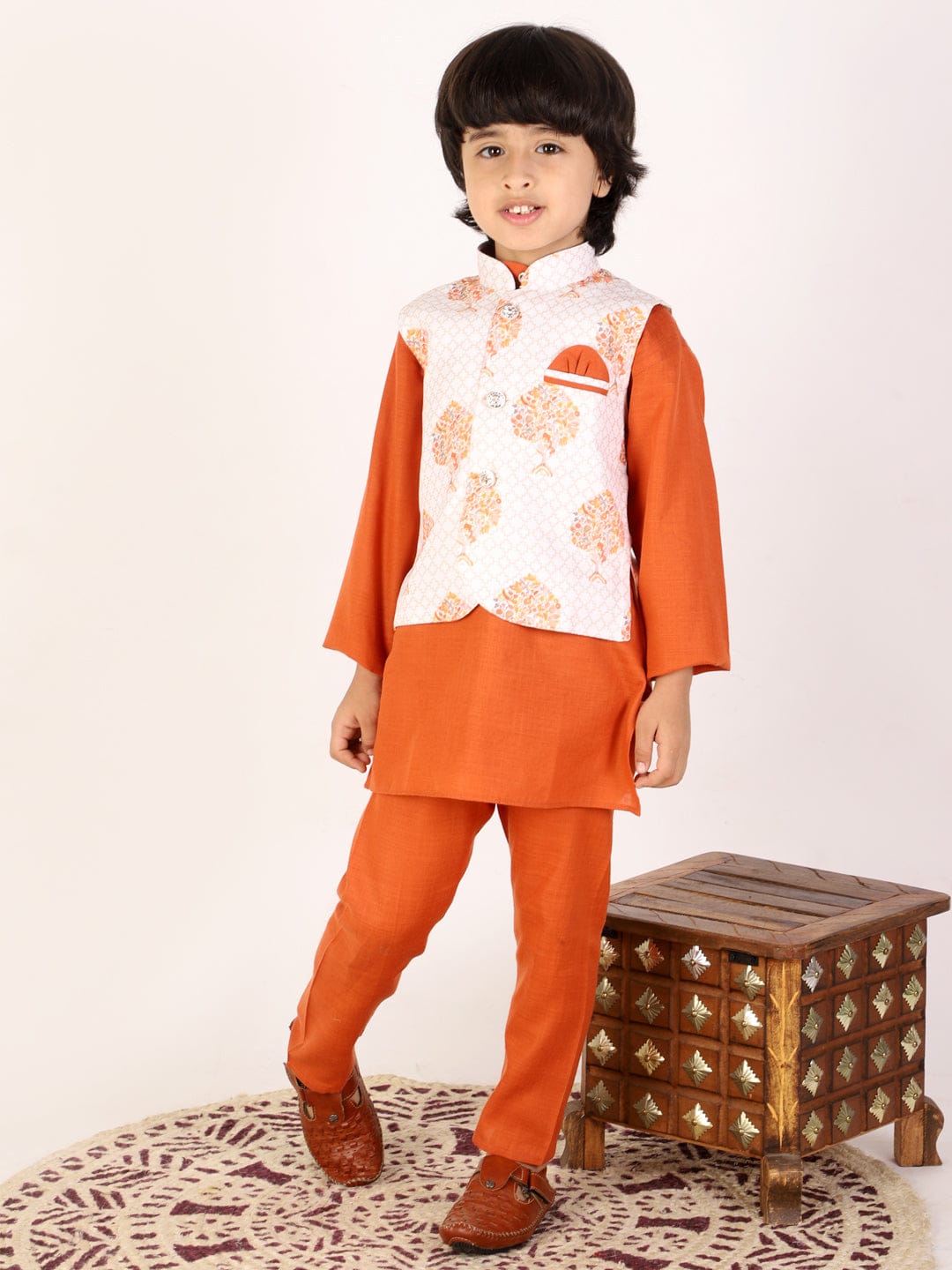 Boys Solid Color Kurta Pyjama With Printed Fancy White Base Jacket(Orange)