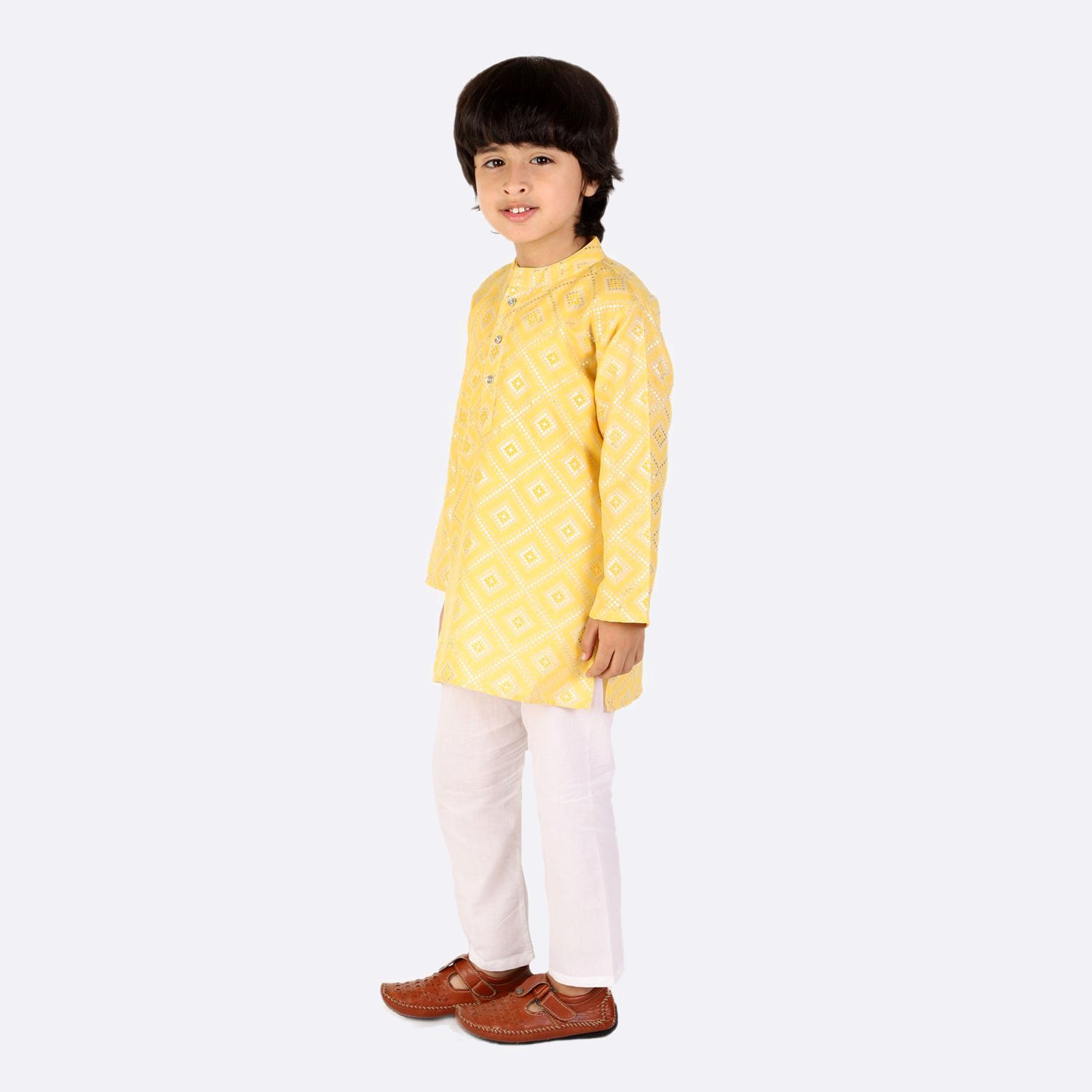 Boys Silver Foil Printed Kurta Pyjama Set (Yellow)