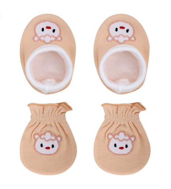 Teddy Cotton Mittens and Booties (Peach, Set of 1)