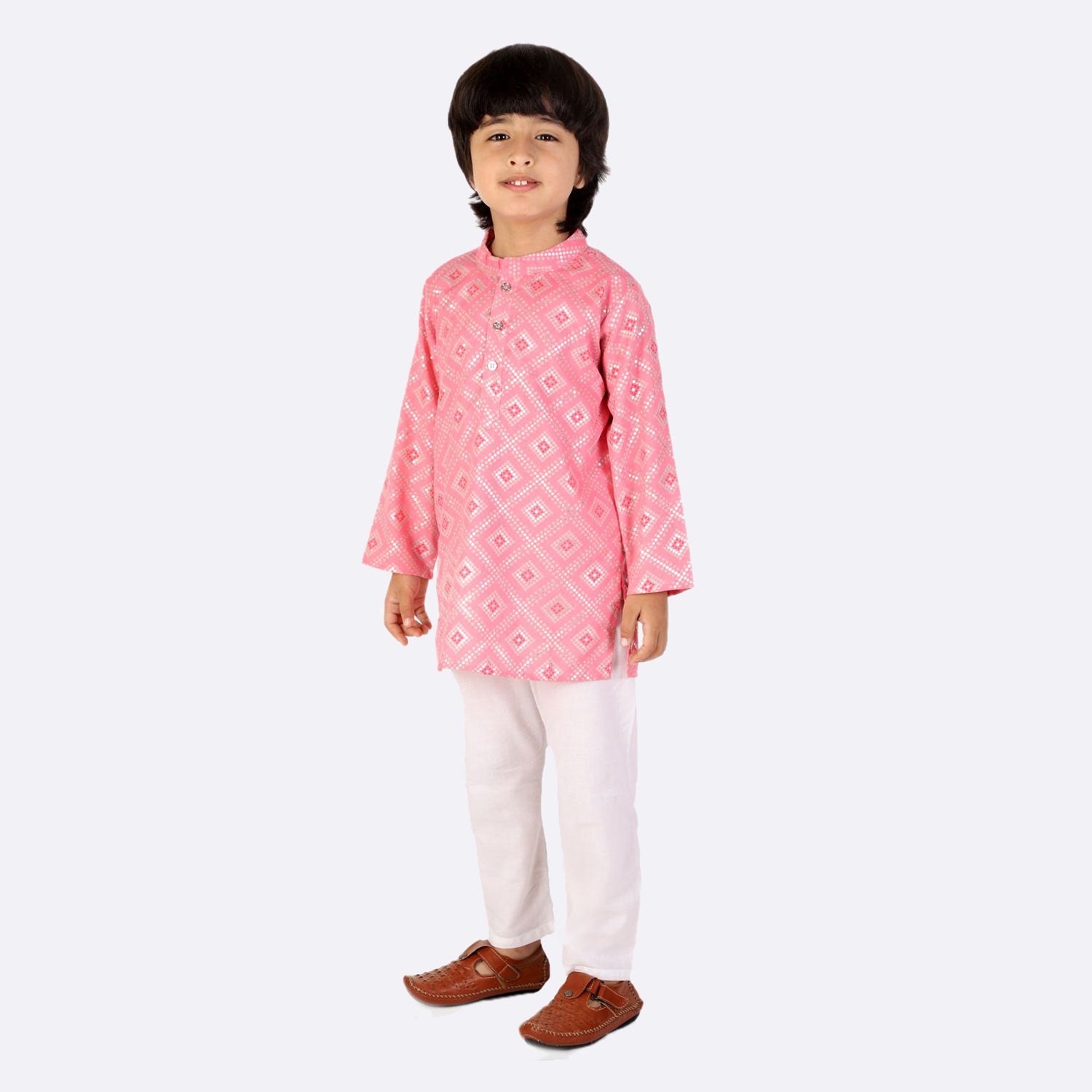 Boys Silver Foil Printed Kurta Pyjama Set (Pink)