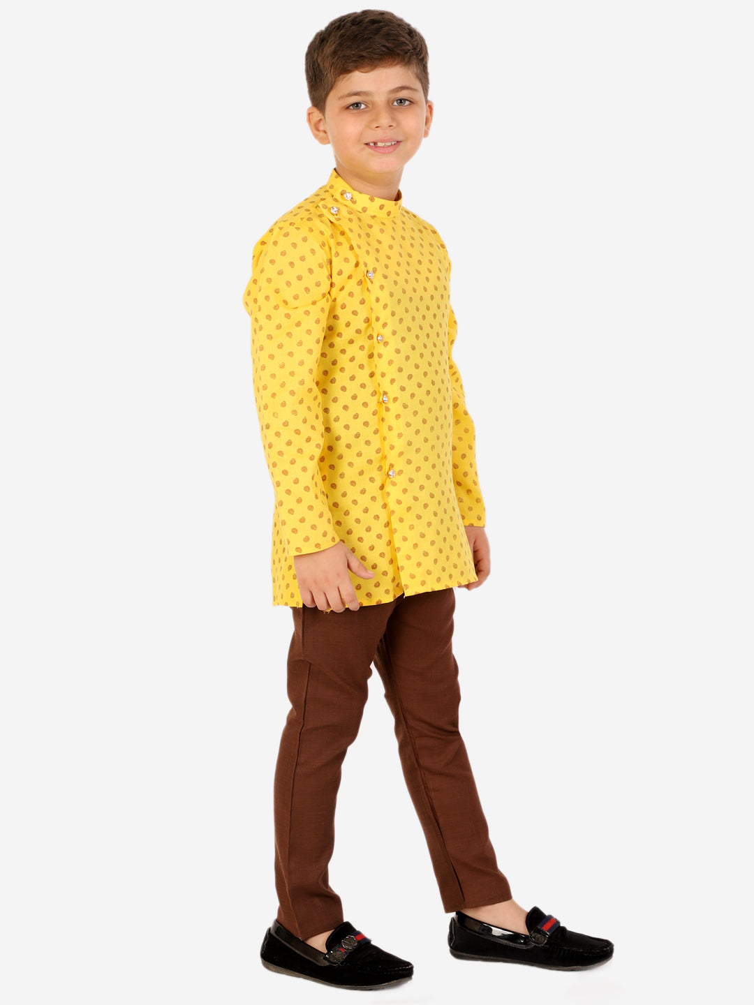 Boys Cotton Printed Kurta Pyjama Set (Yellow)
