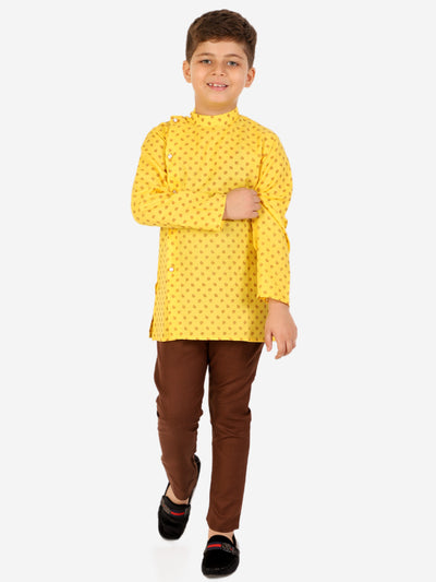 Boys Cotton Printed Kurta Pyjama Set (Yellow)