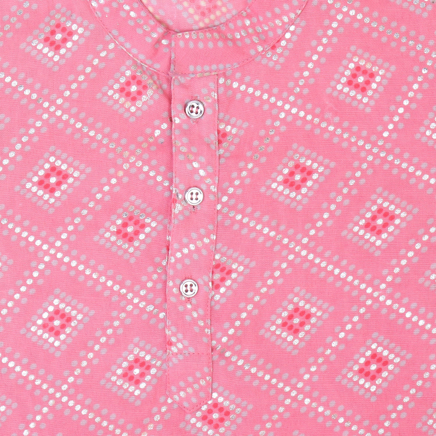 Boys Silver Foil Printed Kurta Pyjama Set (Pink)